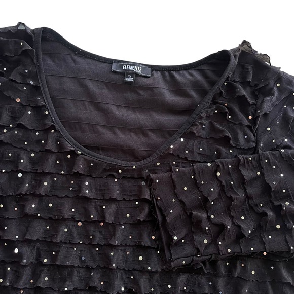 Elementz Womens 1X Black Ruffle Silver Sequin 3/4 Sleeve Scoop Neck Party Blouse - Picture 1 of 15